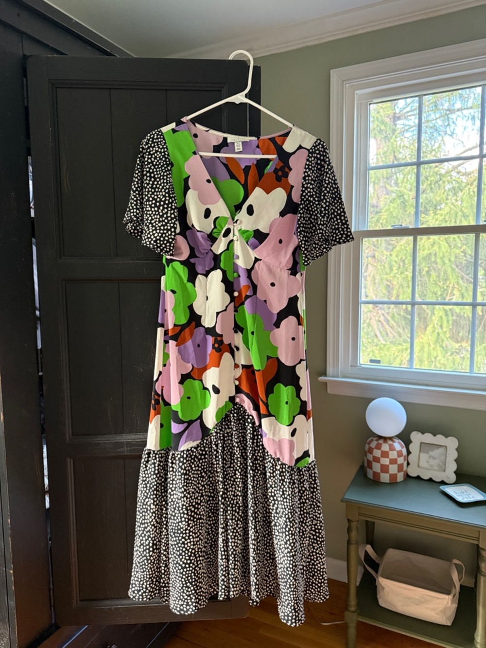 Topshop Multicolor Floral Patchwork Dress in Black, Green & Pink